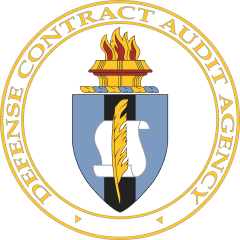 Seal of the Defense Contract Audit Agency featuring a black shield with a gold quill and white scroll in the center, topped by a flaming torch, surrounded by a gold circular border with the agency's name.