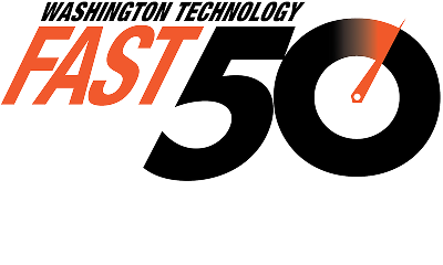 Logo with the text Washington Technology Fast 50 featuring a speedometer graphic as part of the number 50.