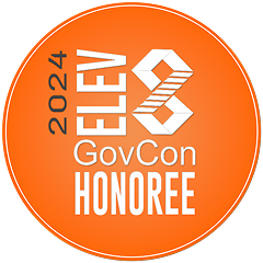 Orange circular badge with text '2024 ELEV8 GovCon HONOREE' and a stylized number eight logo.