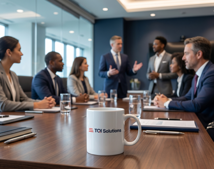 TQI team on a conference table with pens, documents, and glasses of water, while six business professionals in suits engage in discussion in a modern office.