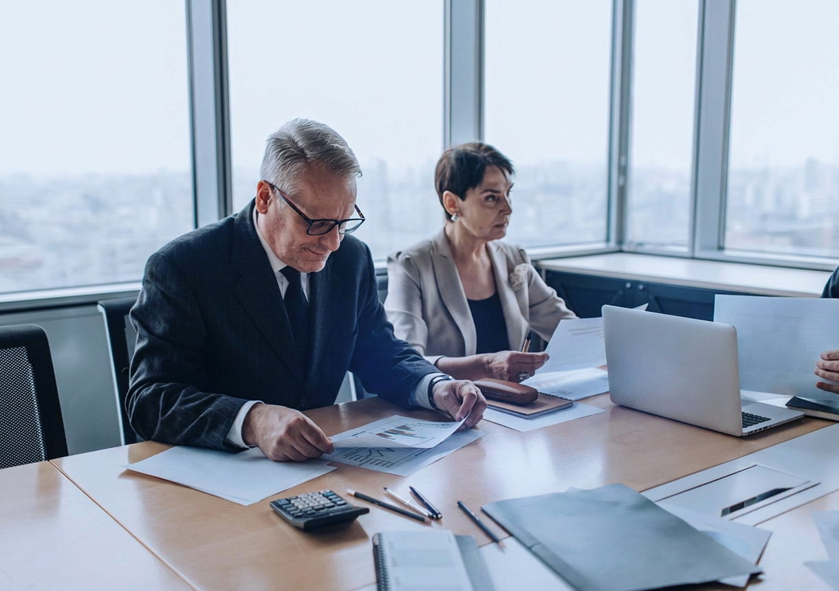 TQI team reviewing financial documents and charts at a conference table, with a laptop, calculator, and notebooks nearby in a modern office with large windows.
