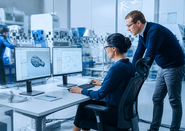 Female engineer seated at a desk working on a dual-monitor computer setup displaying 3D mechanical design and technical schematics, with a male colleague leaning over to observe in a modern office with glass partitions.