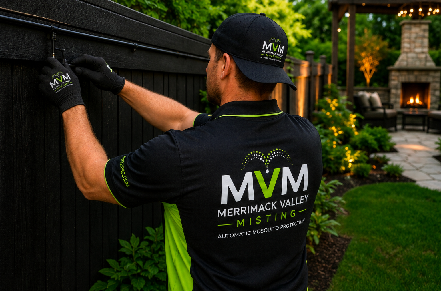 Merrimack valley misting technician installing a mosquito misting system at a residential property