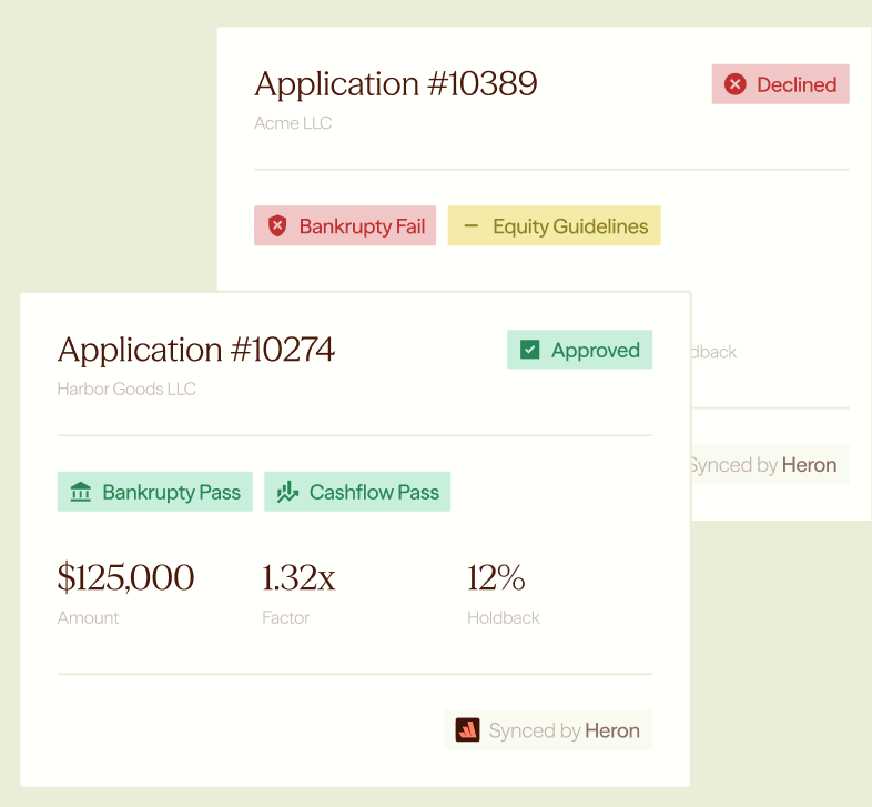 Application cards showing decision, factor and holdback metrics