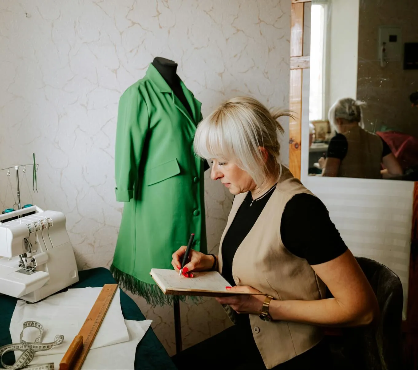 A tailor writing measurements in a workshop