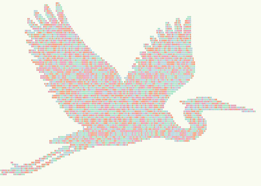 A heron in flight, drawn as a mosaic of coloured data blocks