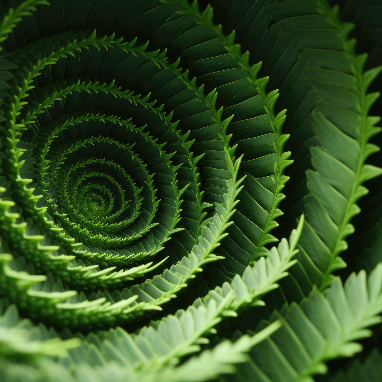 Close-up of a spiral pattern formed by green fern leaves with small leaflets along their edges, creating a natural swirl effect.