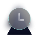 Icon of a clock face showing time at approximately 3 o'clock inside a circular blue gradient button.