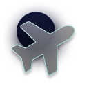 Gray airplane icon on a dark blue circular background.