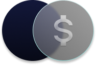 Icon with two overlapping circles, one dark blue and one gray, featuring a white dollar sign in the center.