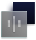 A digital 3D icon of a gray square with vertical bars of varying heights resembling a stylized signal or bar chart, overlaying a rounded navy blue square background.