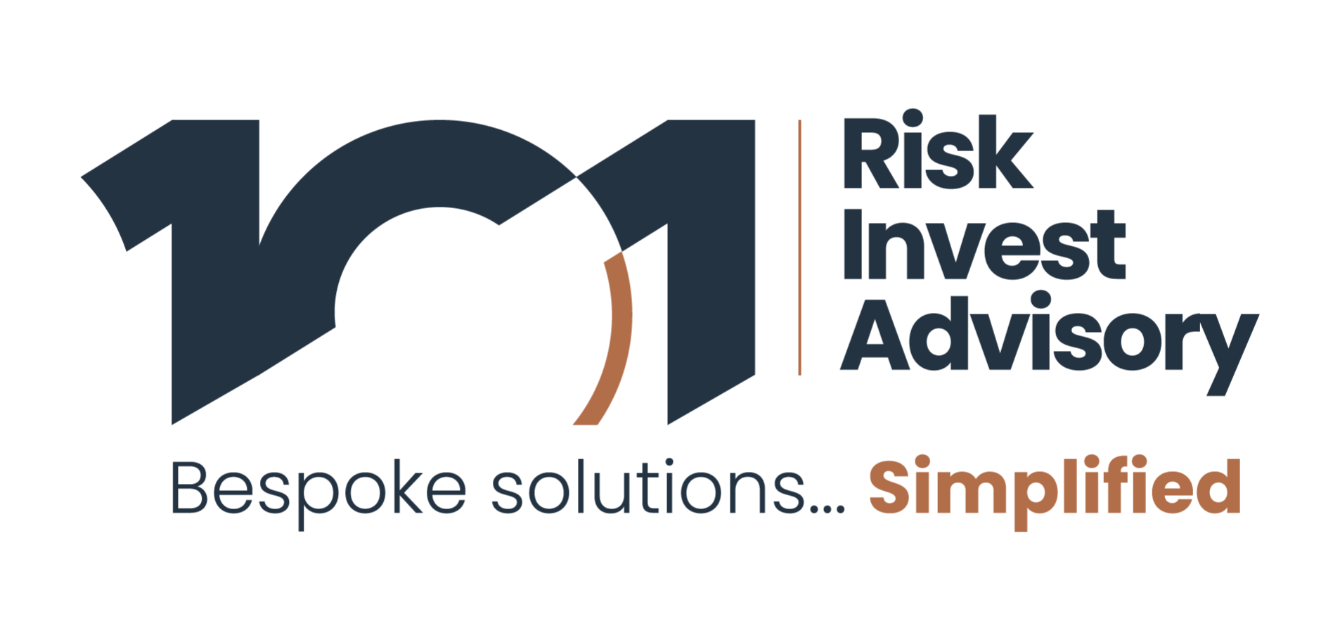 Logo with large stylized numbers '101' in dark blue and brown, next to vertical line, and text 'Risk Invest Advisory' in dark blue and 'Bespoke solutions... Simplified' below.