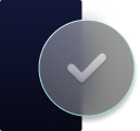 A circular button with a checkmark symbol in the center, indicating success or completion, on a dark gradient background.