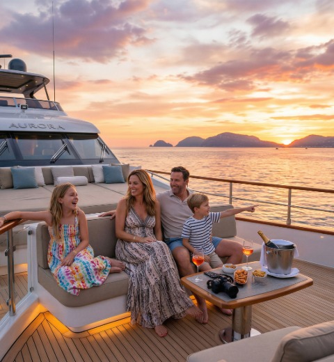 A family of four sitting and smiling on the deck of a yacht during sunset, with snack bowls, drinks, and binoculars on a table in front of them, and calm sea and islands in the background.