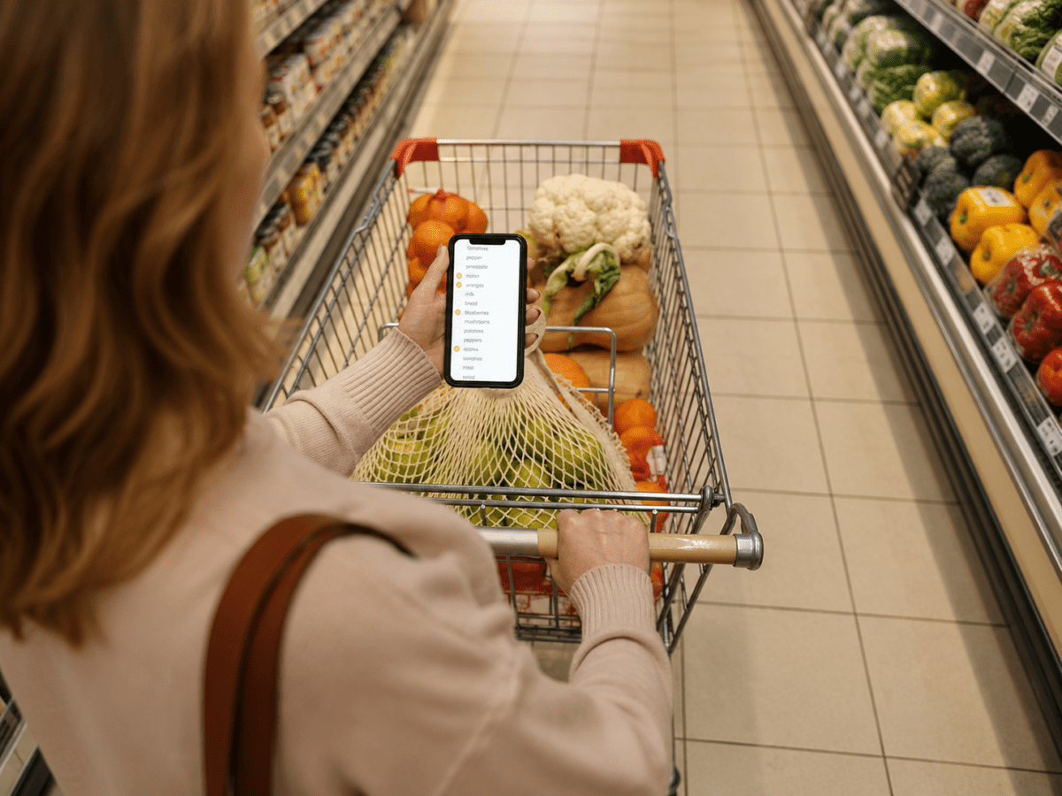 Kund med mobiltelefon och kundvagn i butik