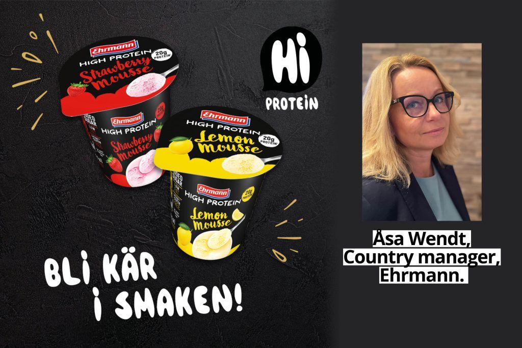Åsa Wendt, Country Manager på Ehrmann, i en kampanjbild för Ehrmanns proteinyoghurt
