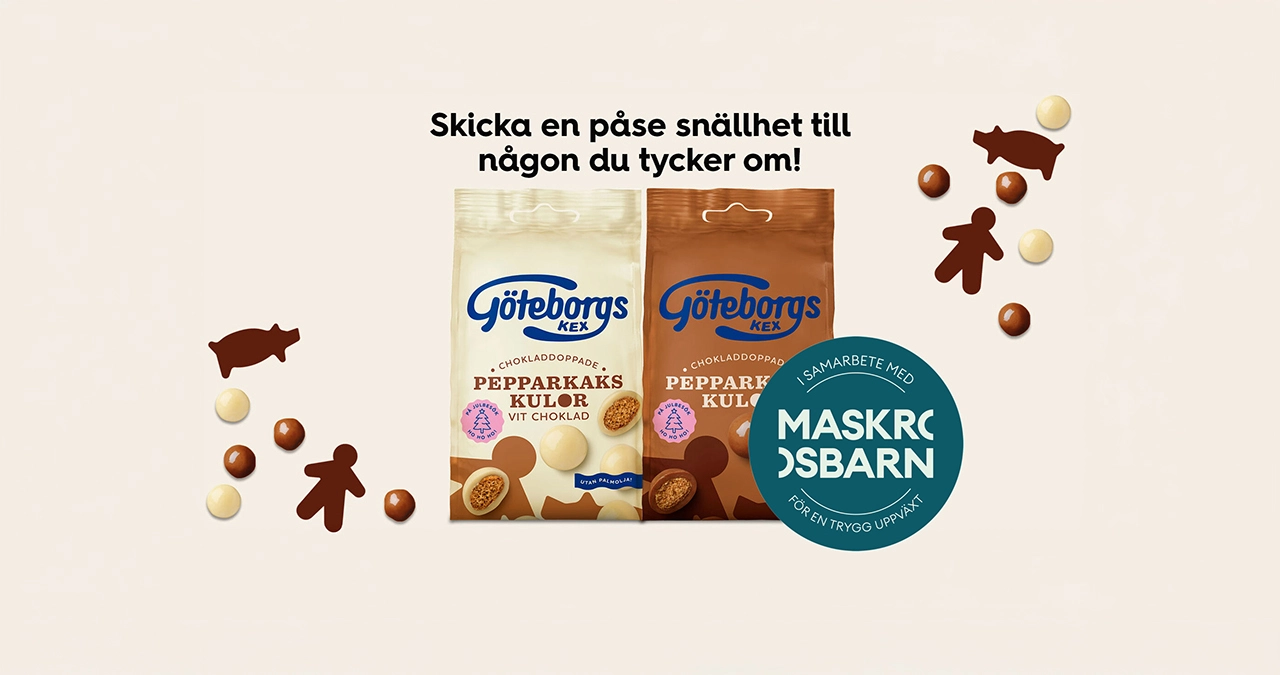 Kampanjbild för Göteborgs Kex och Maskrosbarn med texten Skicka en påse snällhet