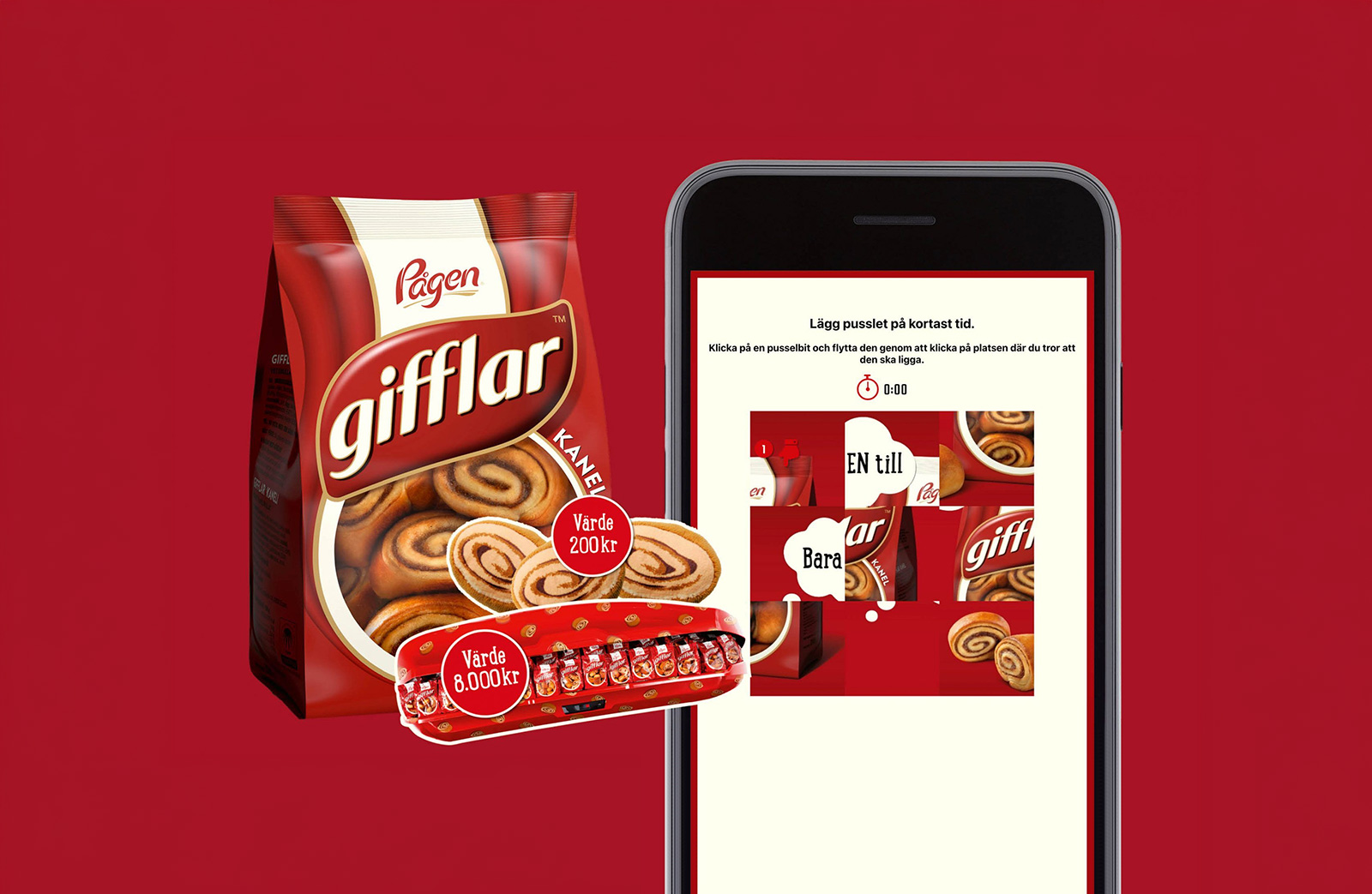 Förpackning Pågen Gifflar bredvid en mobil med kampanjen
