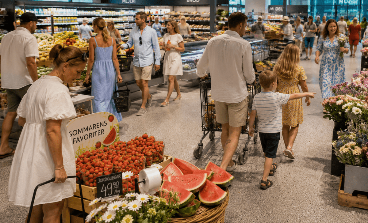 Kunder handlar sommarvaror i en livsmedelsbutik, med jordgubbar och vattenmelon i förgrunden