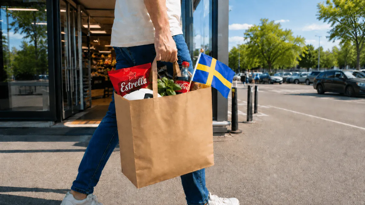Person med en matkasse med svenska flaggor utanför en butik