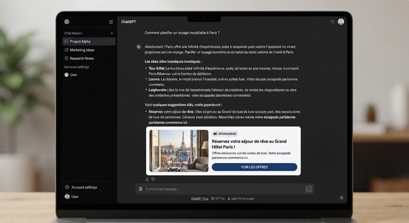 Interface de ChatGPT affichant une réponse suivie d'un encart publicitaire identifié comme sponsorisé.