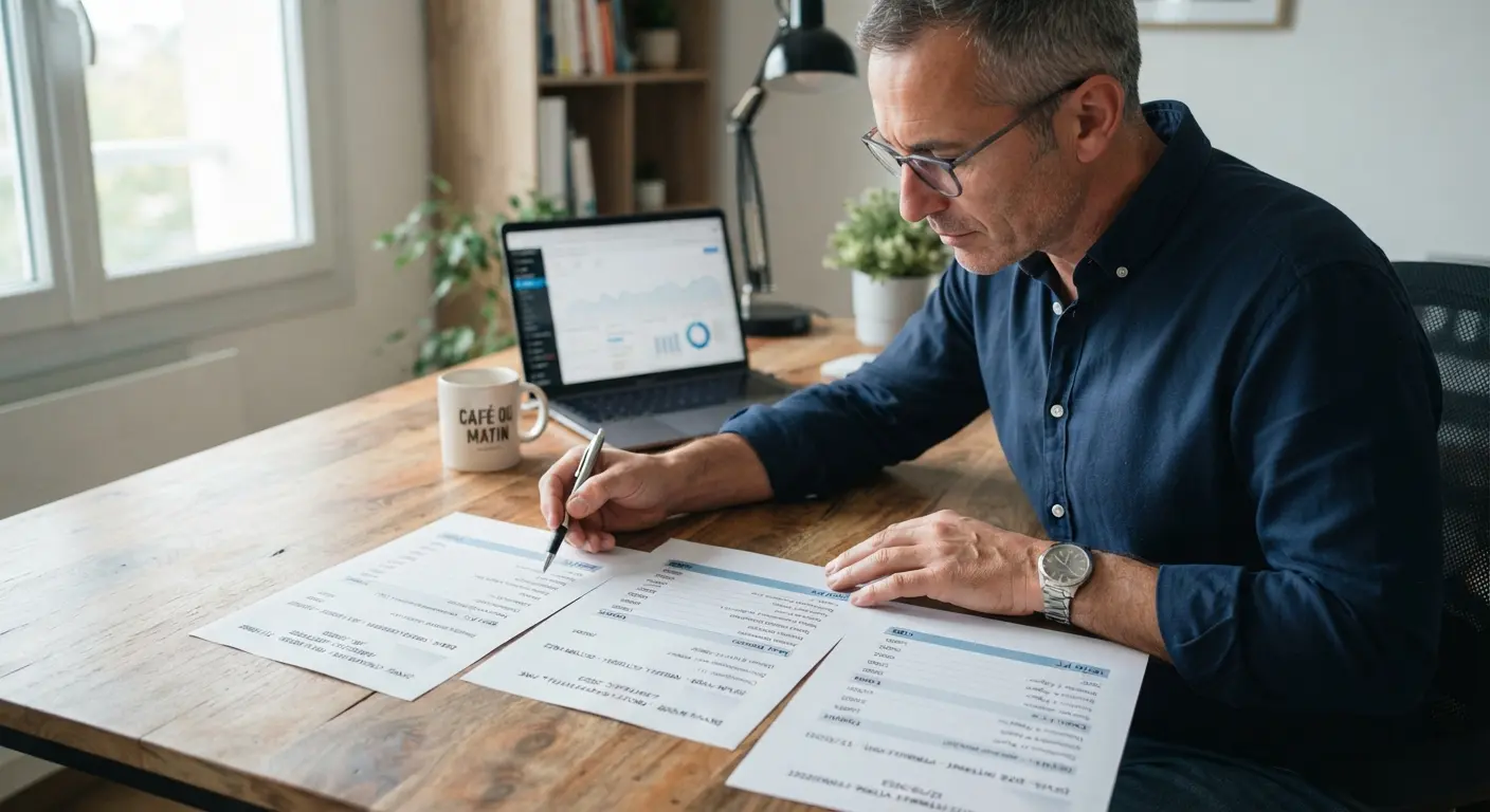 Dirigeant de petite entreprise comparant des devis de création de site internet sur un bureau en bois