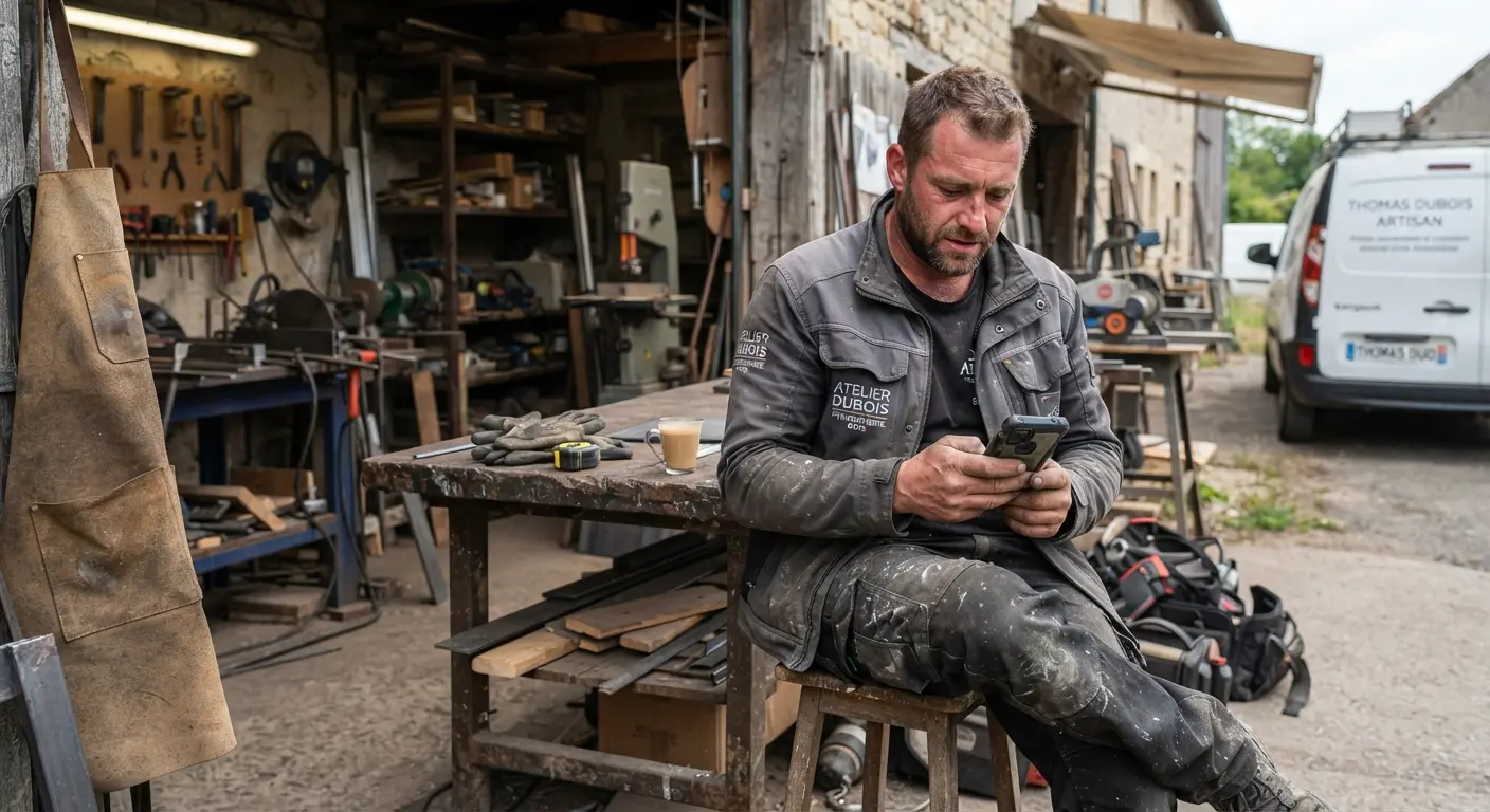Artisan consultant son téléphone sur un chantier, entre deux interventions