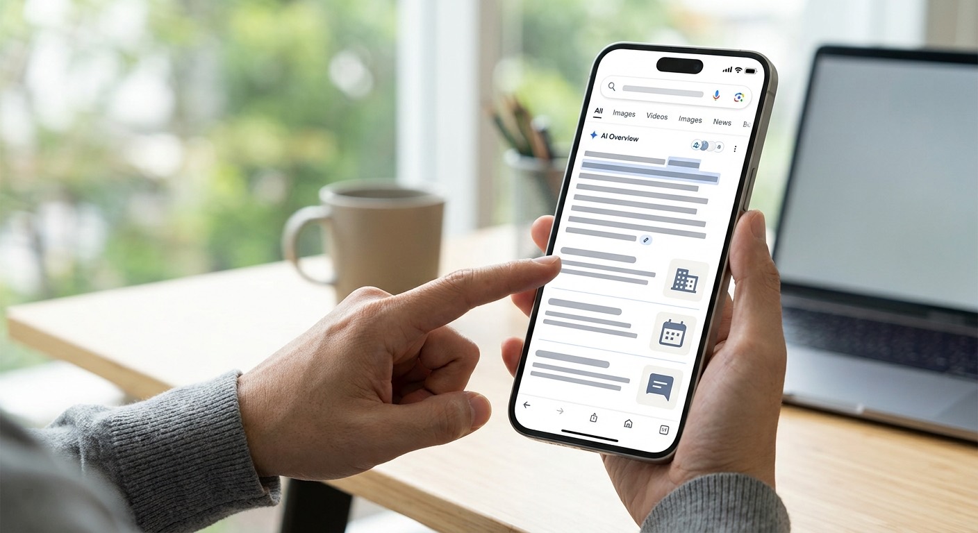 Smartphone affichant un Aperçu IA de Google avec des liens mis en avant