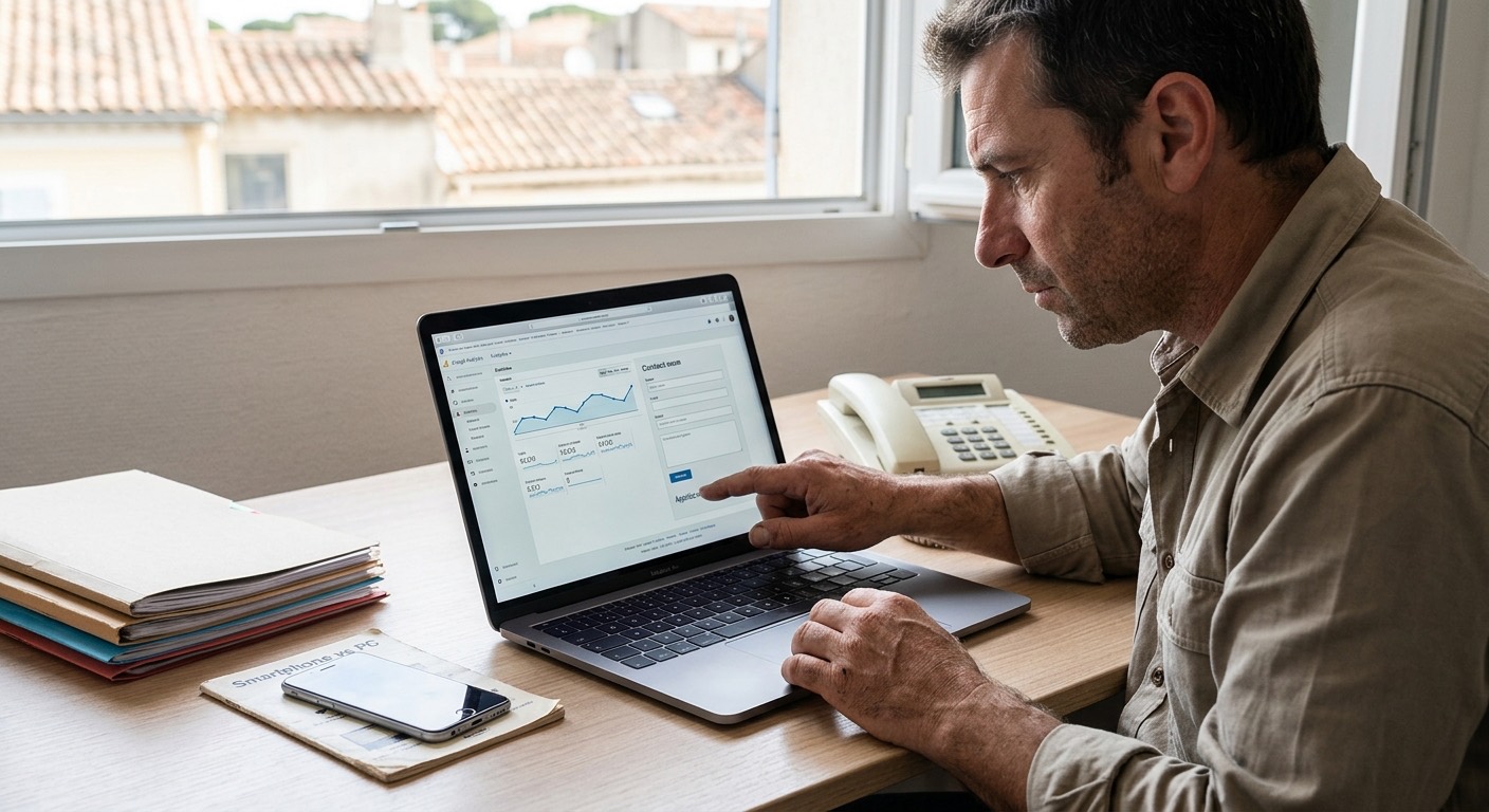 Artisan analysant les statistiques et le formulaire de contact de son site sur un ordinateur portable