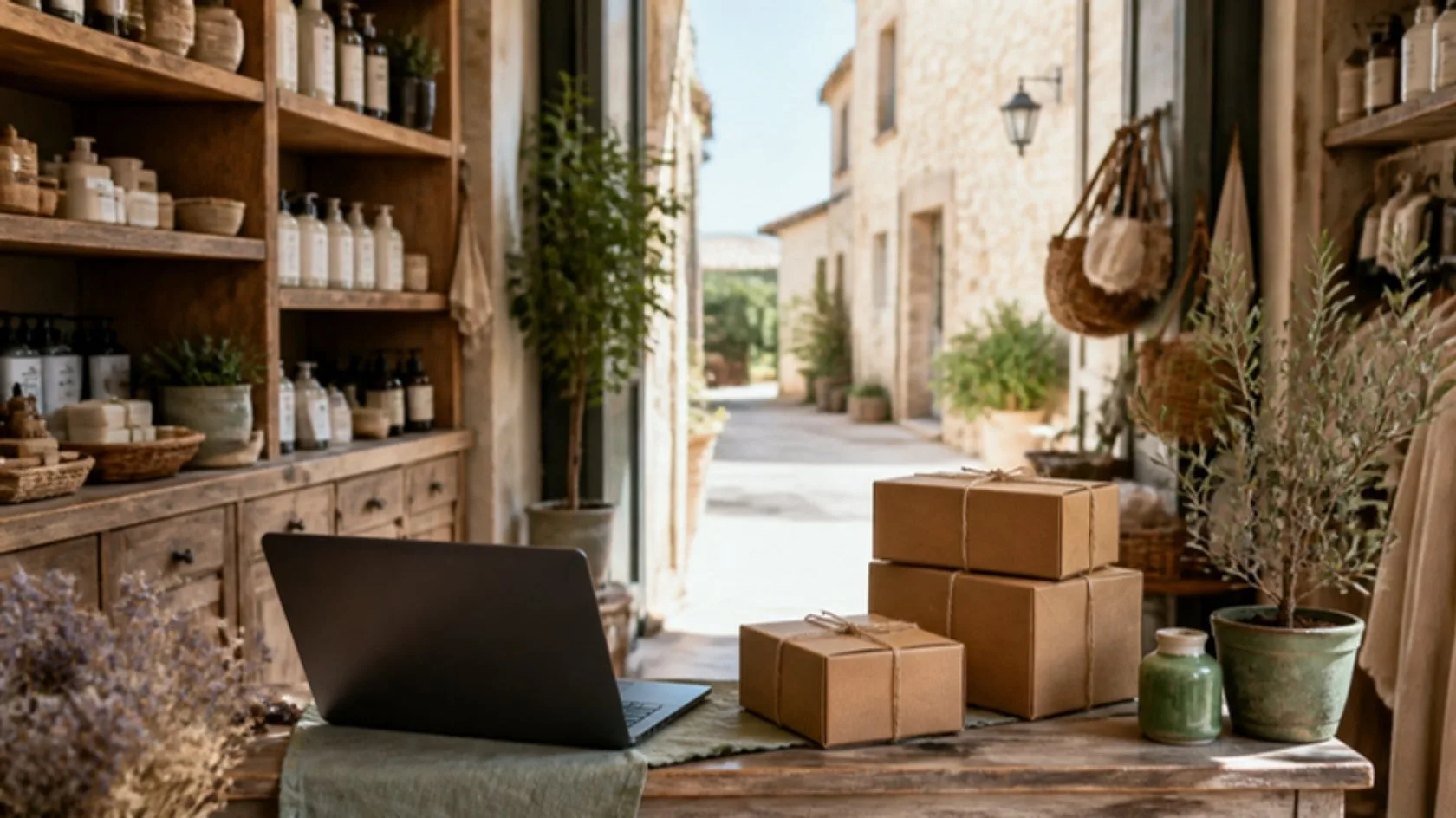 Une boutique de village provençal avec des étagères de produits, un ordinateur portable et des colis en carton prêts à être expédiés.