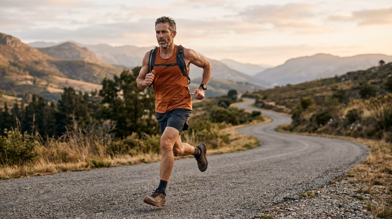 Man in orange tank top running on a winding mountain road surrounded by hills at sunset.