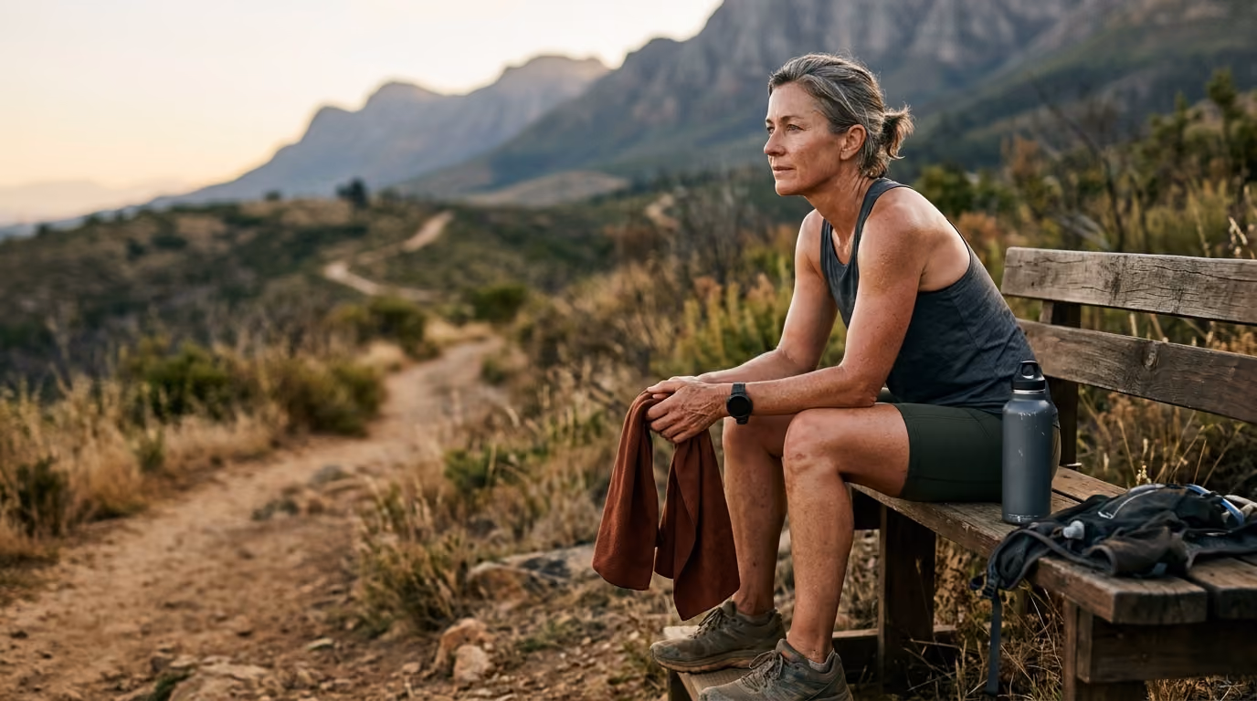 Woman resting on a bench beside a hiking trail with mountains in the background at sunset.