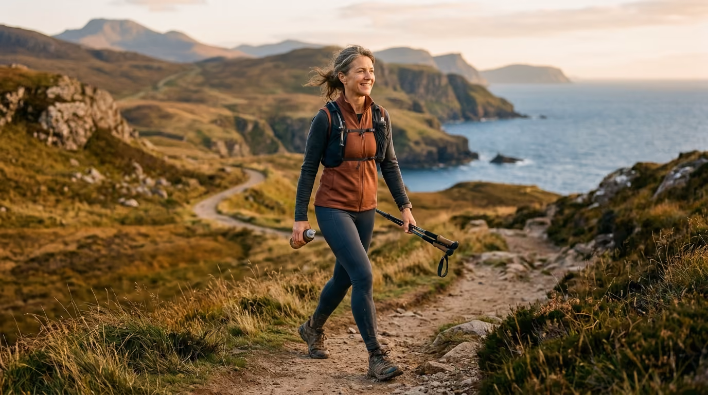 Smiling woman hiking on a rocky coastal trail with trekking poles and water bottle at sunset.