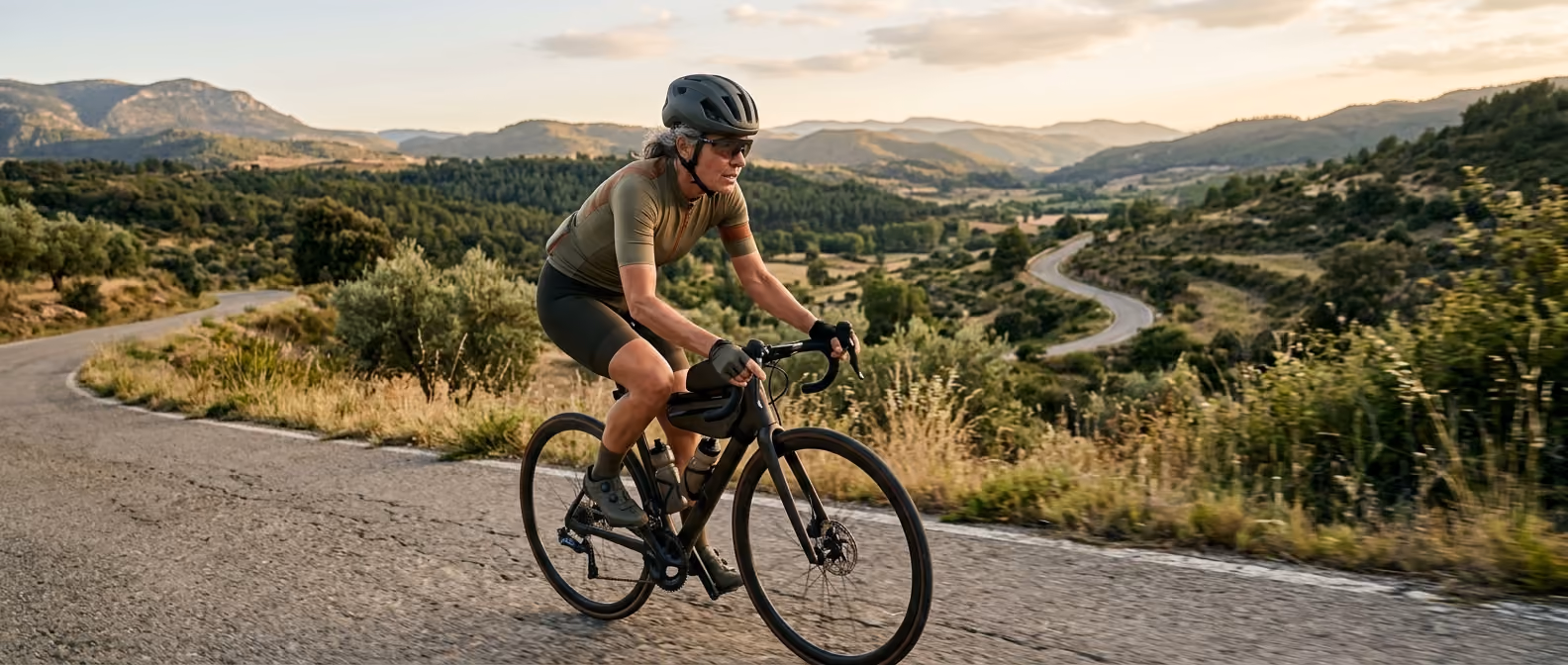 Cyclist wearing helmet and sunglasses rides a road bike on a winding mountain road at sunset.