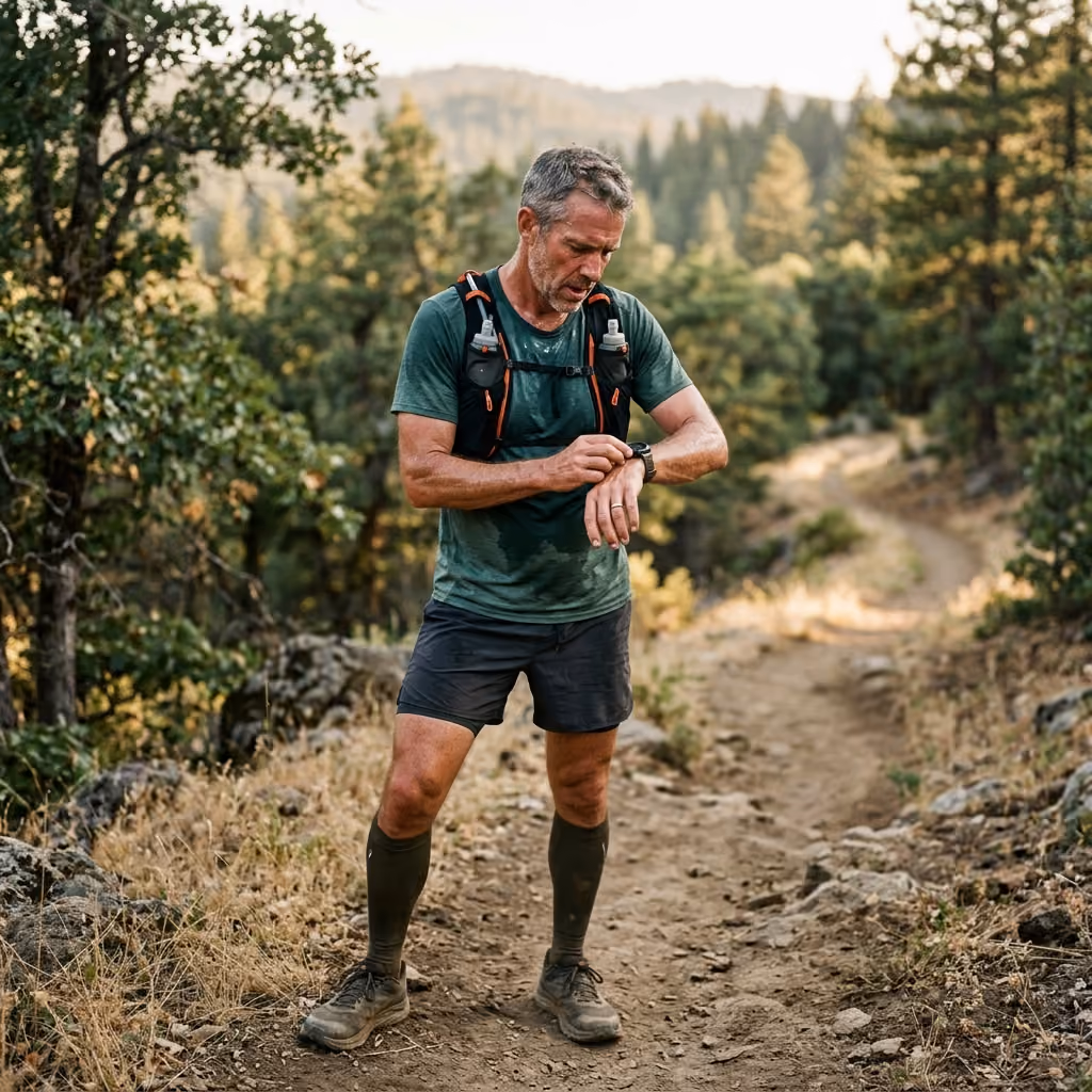 Man in hiking gear checks watch on forest trail surrounded by trees and hills.