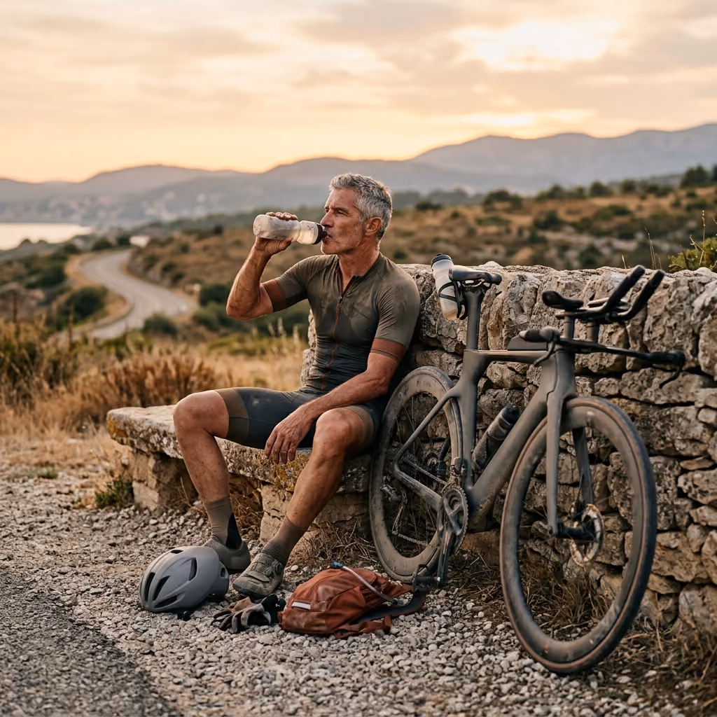Cyclist resting on stone bench drinking water with bike and gear on gravel road in sunset landscape.