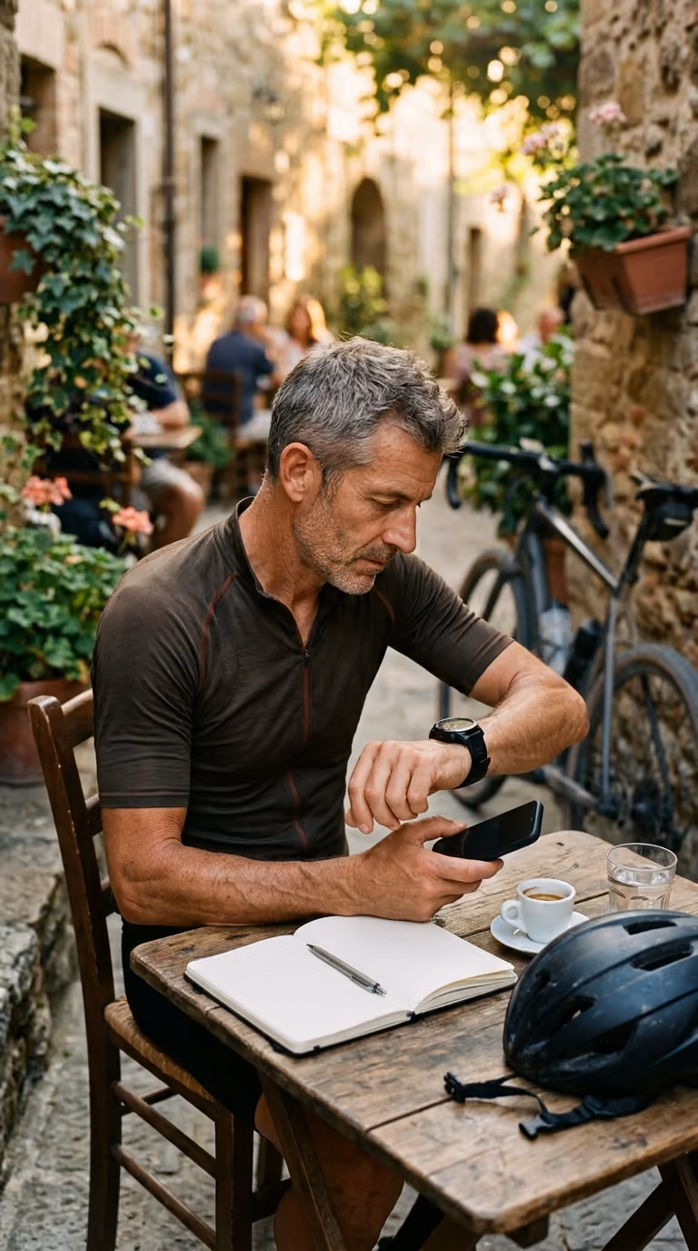 Man in cycling gear checking watch at a table with notebook, coffee, and bike helmet in outdoor café.