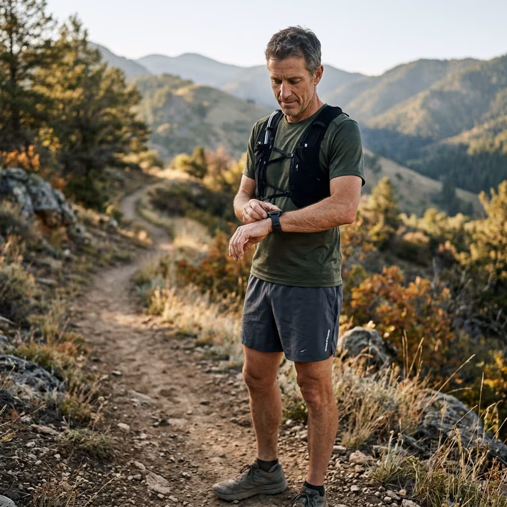 Man in hiking gear checking watch on a mountain trail surrounded by trees and hills.