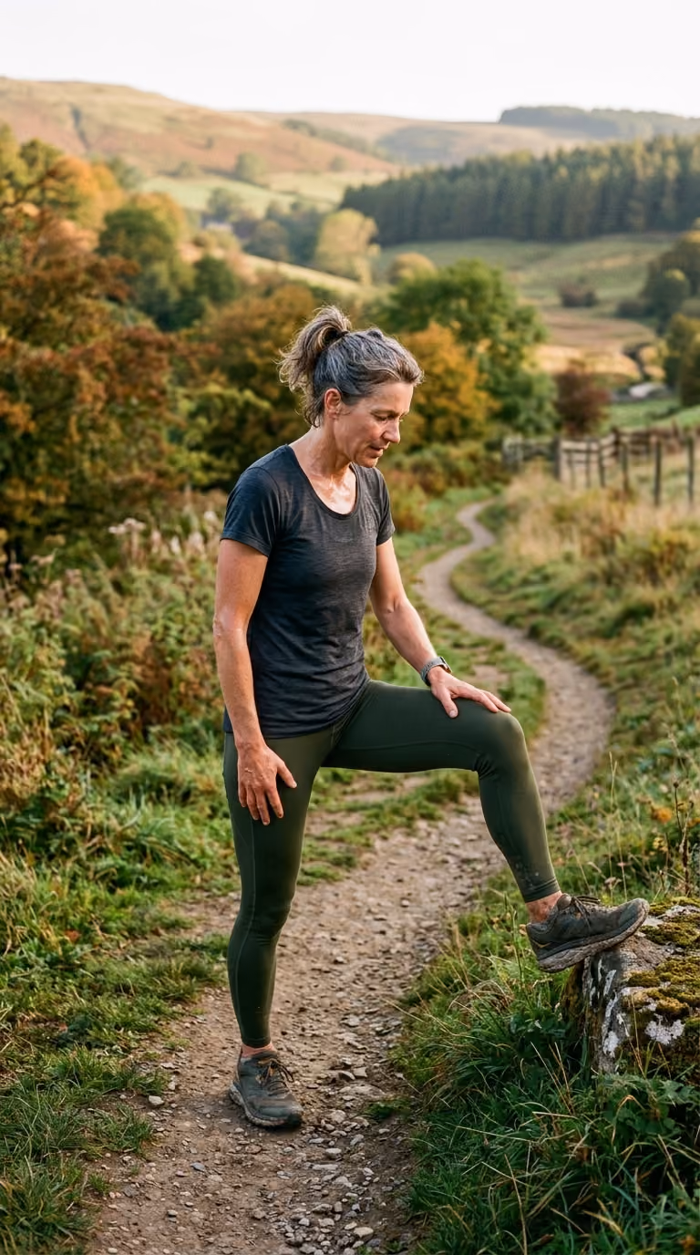Woman stretching on a rural dirt path surrounded by green foliage and rolling hills.