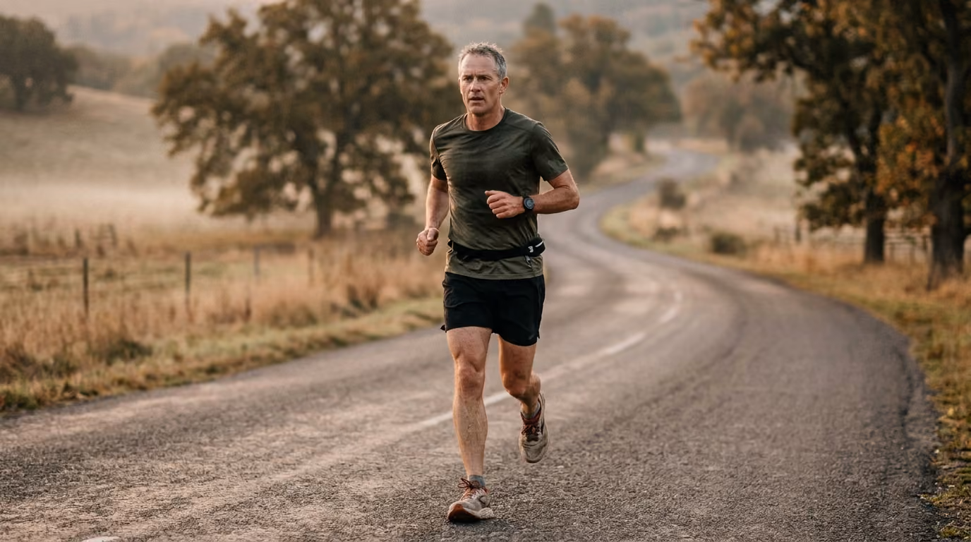 Man running on a country road surrounded by trees and grassy fields in the morning light.