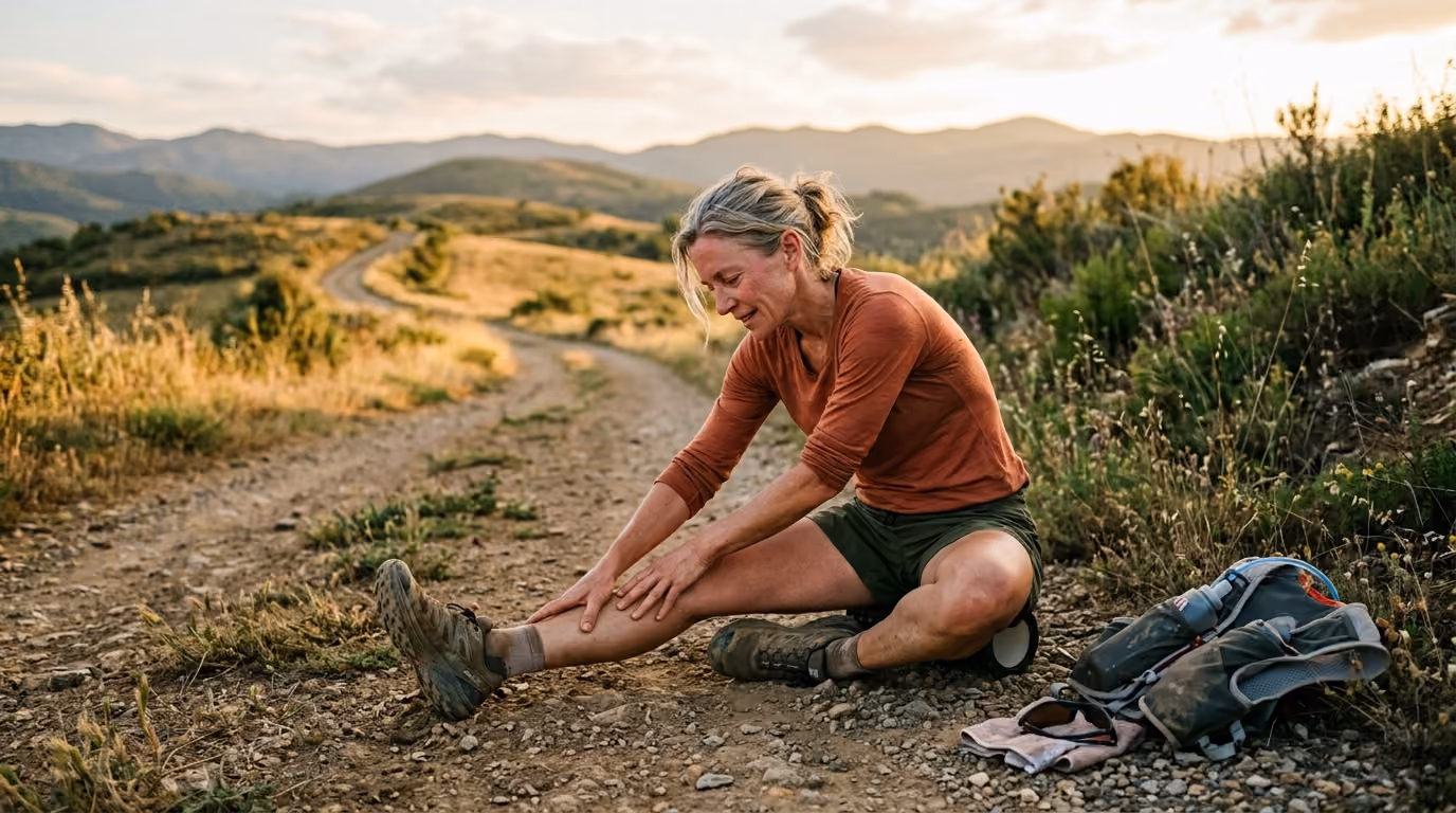 Woman sitting on rocky trail in countryside holding her leg as if in pain during a hike.