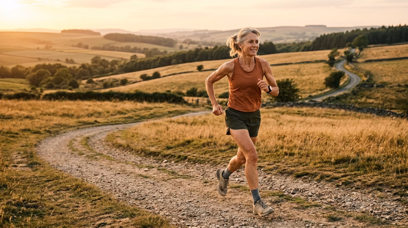 Smiling woman in orange tank top running on a gravel trail in a golden countryside at sunset.