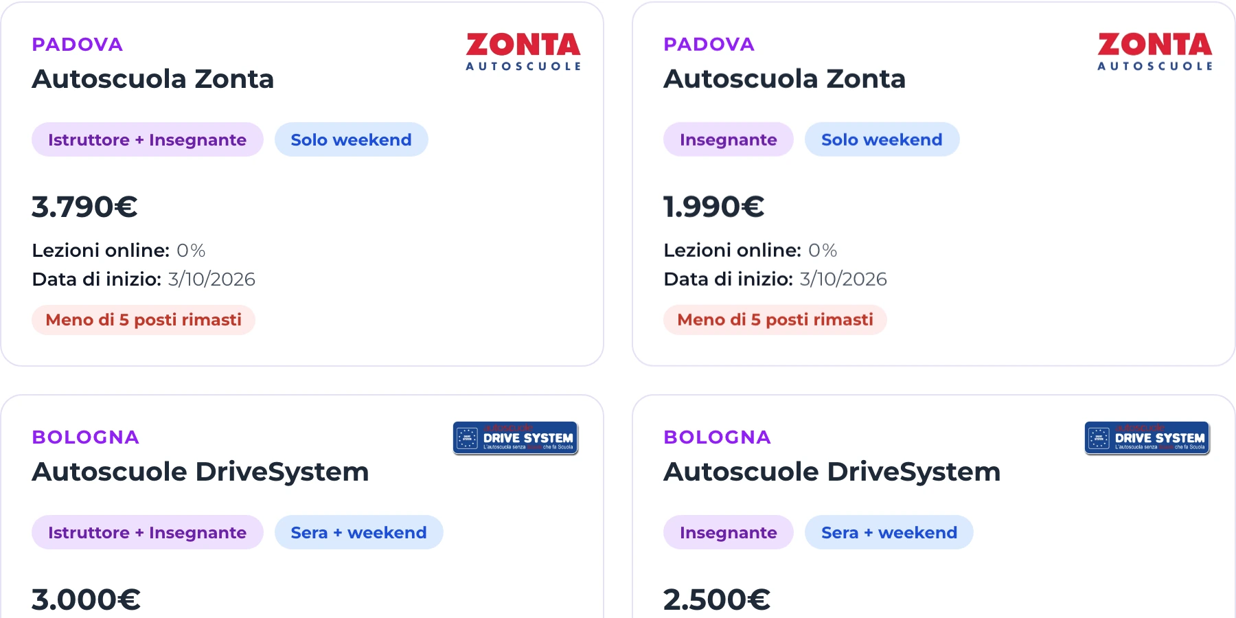 Due corsi per istruttore di scuola guida a confronto, con prezzo, percentuale di lezioni online e data di inizio