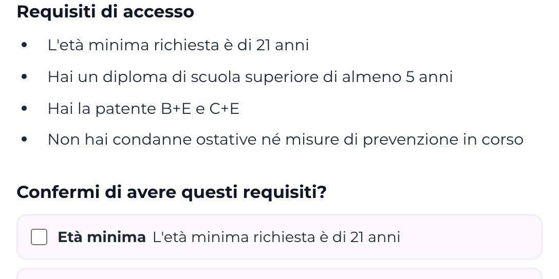 Elenco dei requisiti da confermare prima di candidarsi a un corso per istruttore di scuola guida