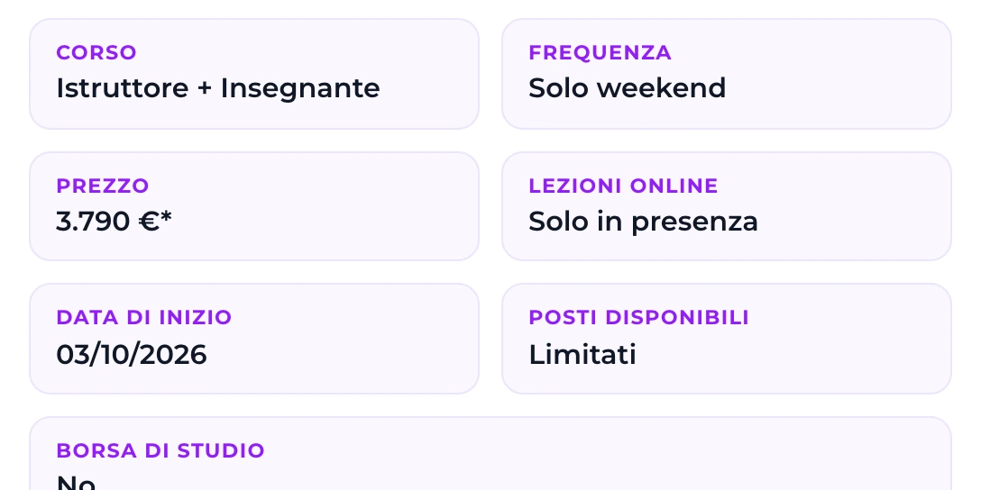Scheda di un corso per istruttore con prezzo, lezioni online, data di inizio e programma delle ore