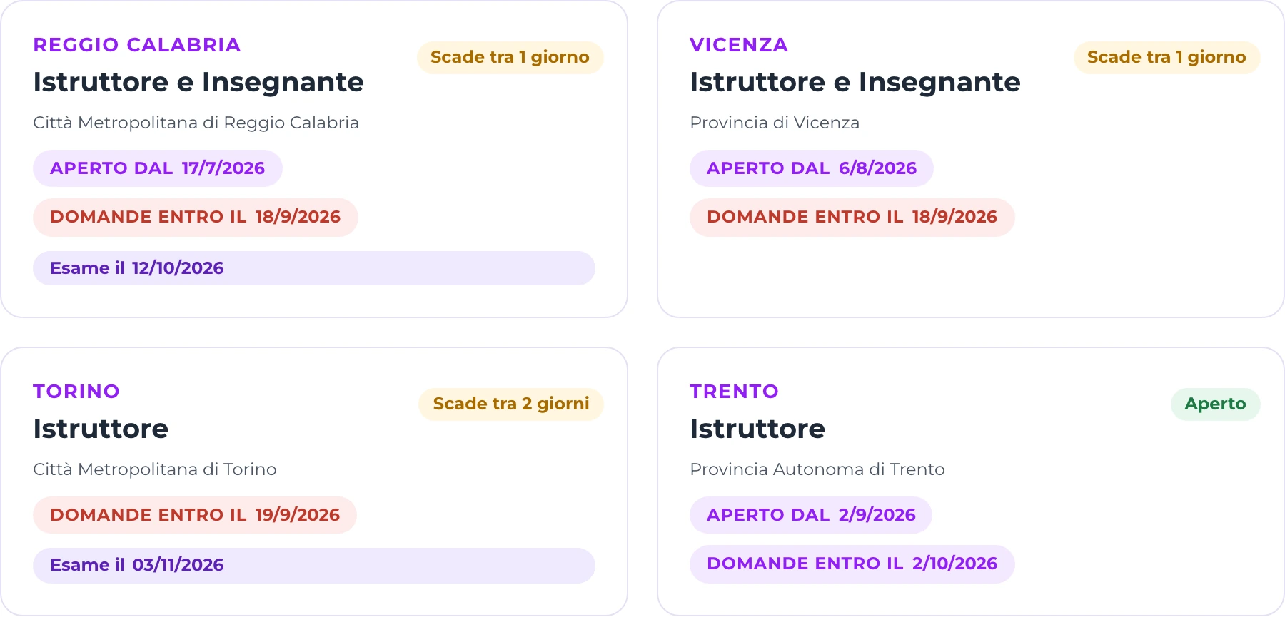 Elenco dei bandi d'esame per istruttore e insegnante con citta, data di apertura e scadenza
