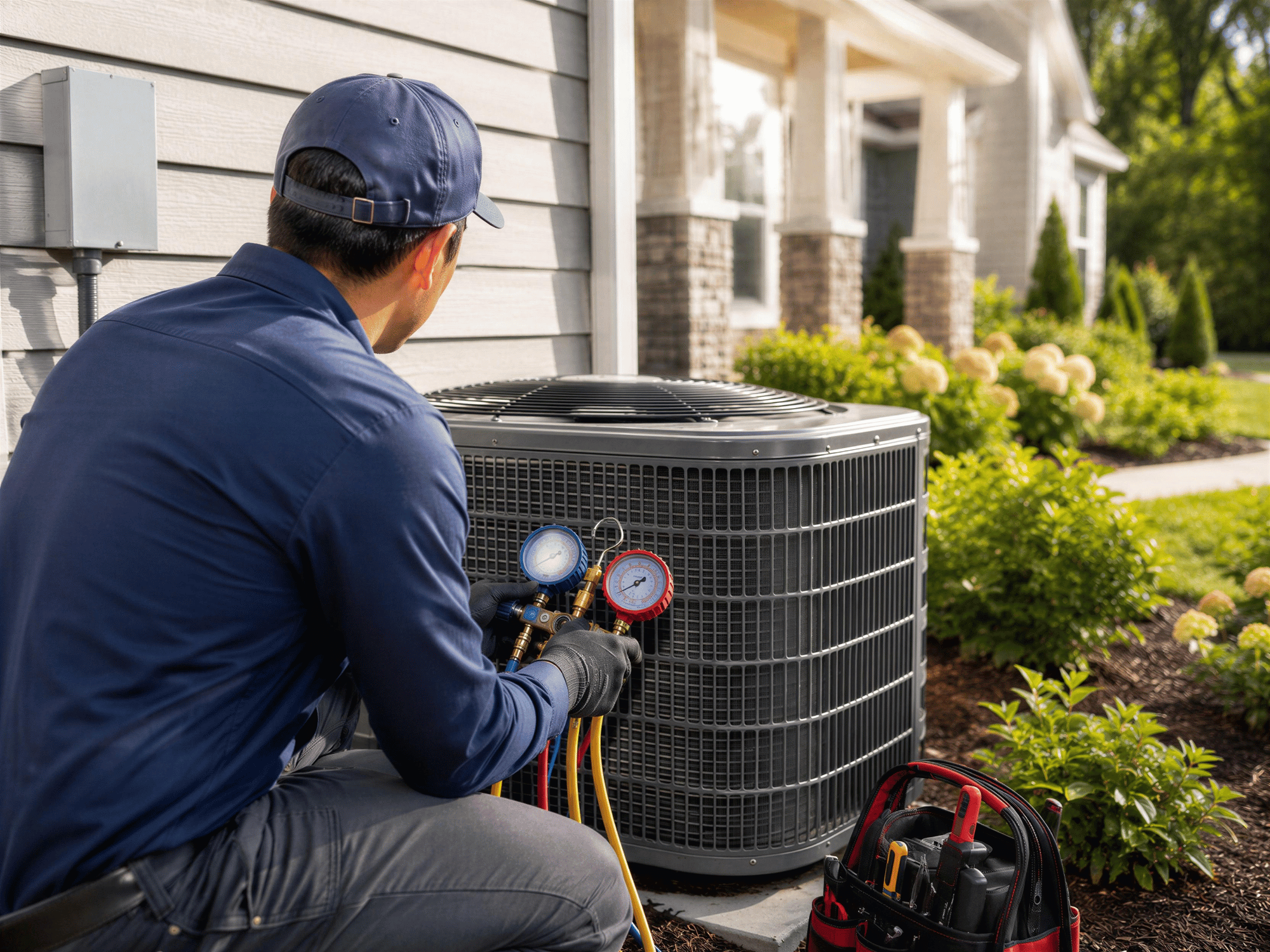 Technician in blue shirt checking an outdoor HVAC unit with pressure gauges and a tool bag nearby.