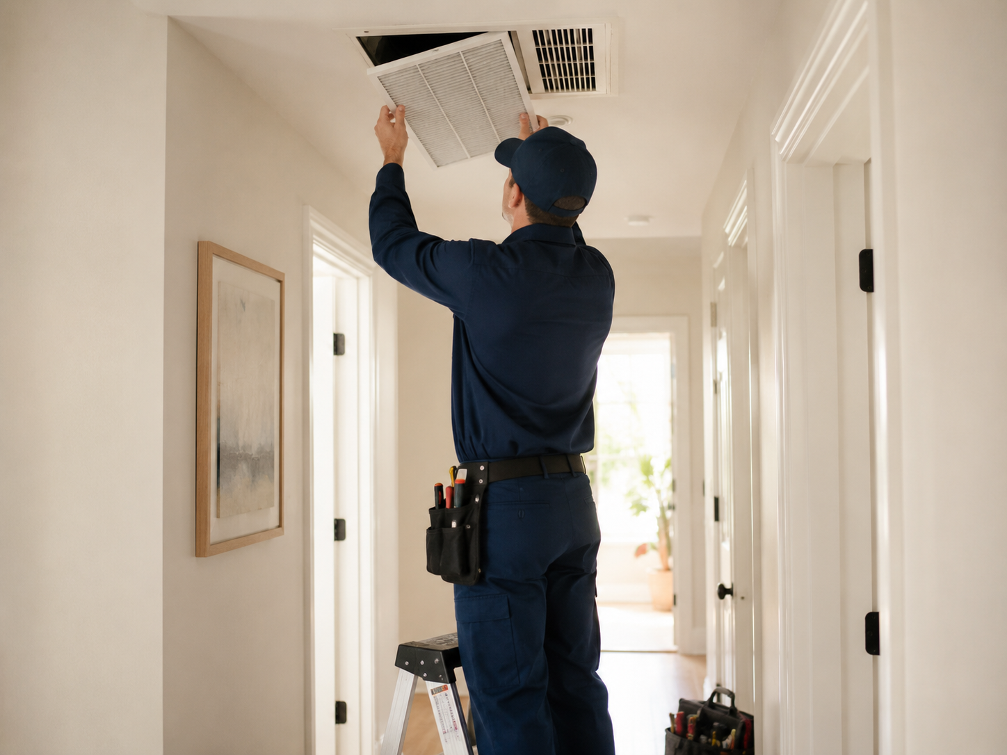 Technician in blue shirt checking an outdoor HVAC unit with pressure gauges and a tool bag nearby.