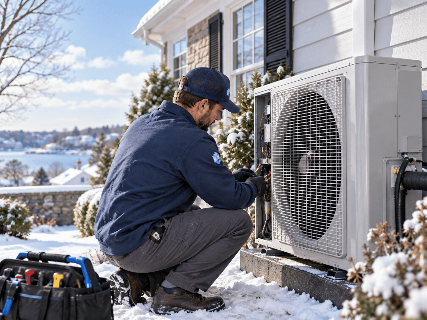Technician in blue shirt checking an outdoor HVAC unit with pressure gauges and a tool bag nearby.