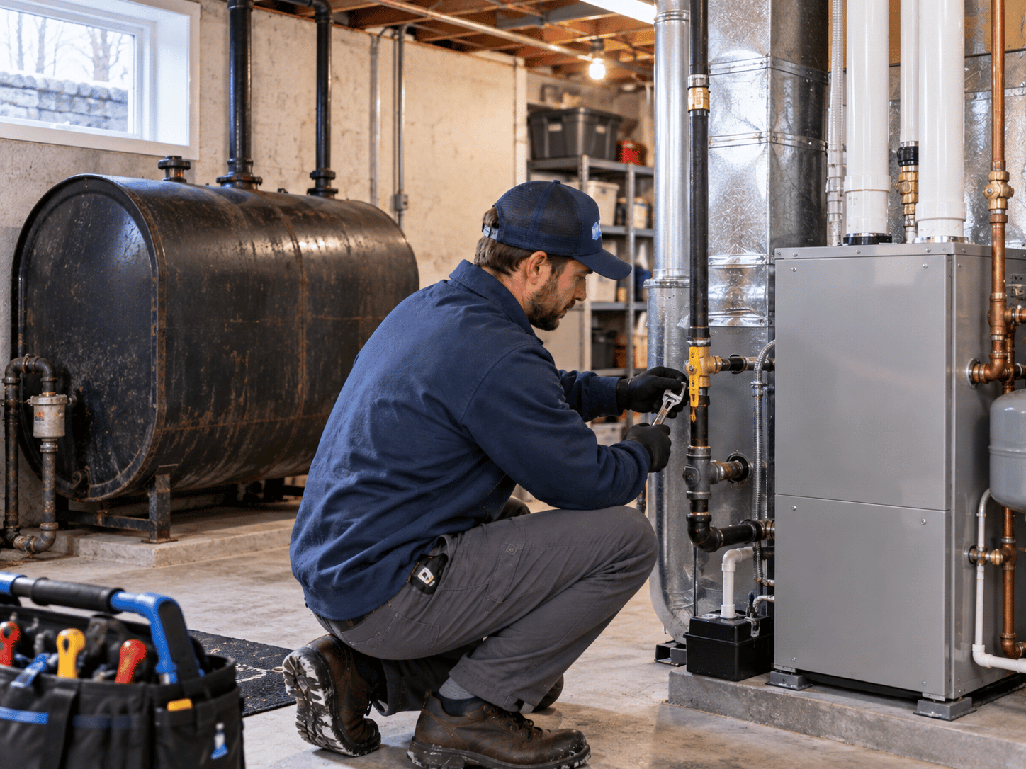 Technician in blue shirt checking an outdoor HVAC unit with pressure gauges and a tool bag nearby.